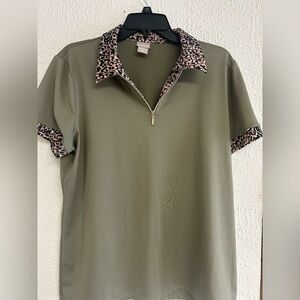 CHICOS ZENERGY 2022 Olive and Camo print 1/4 zip Polo Shirt Sz 2 11/12
